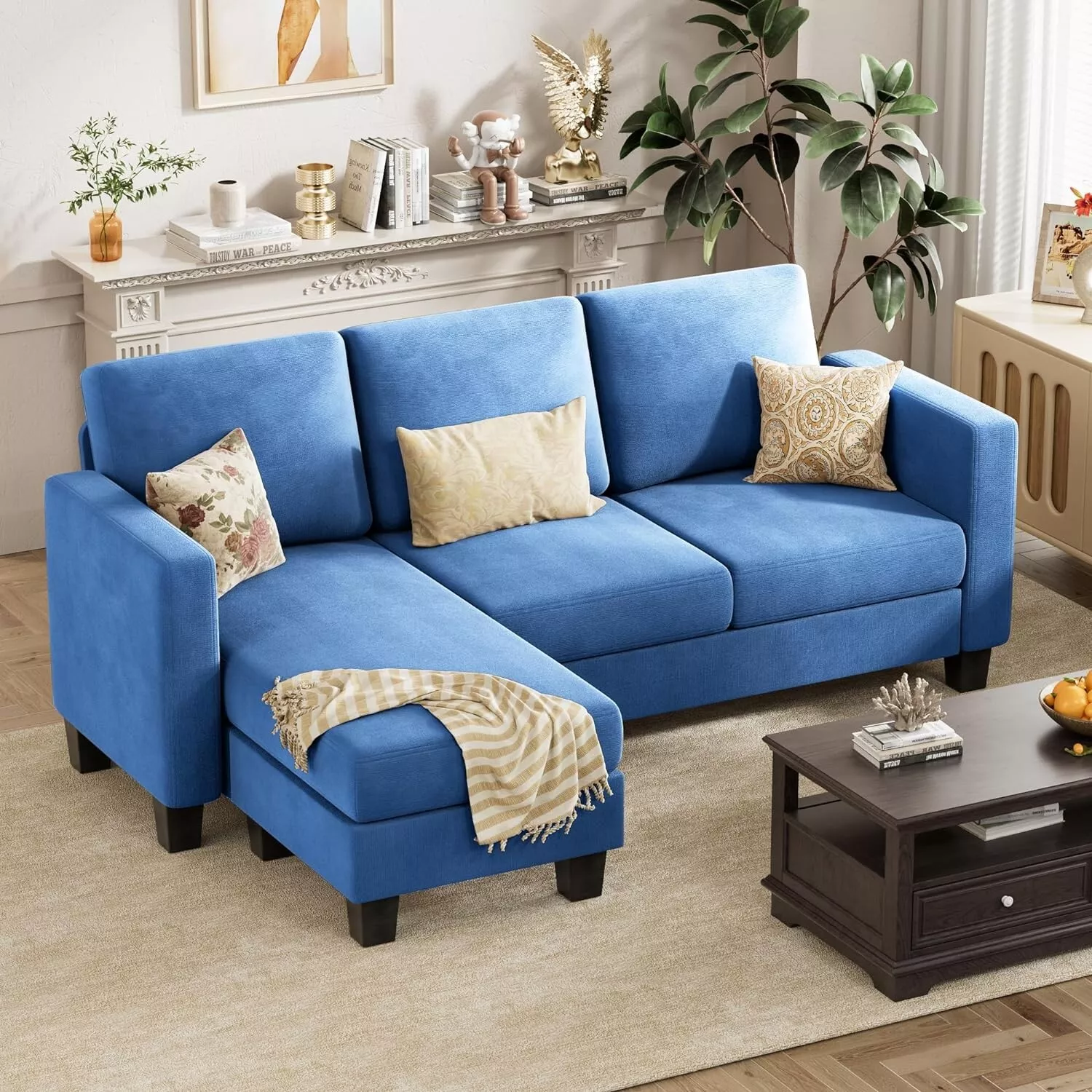 Blue Fabric L-Shaped Sectional Sofa Living Room Couch With Reversible Ottoman - £252.29 GBP