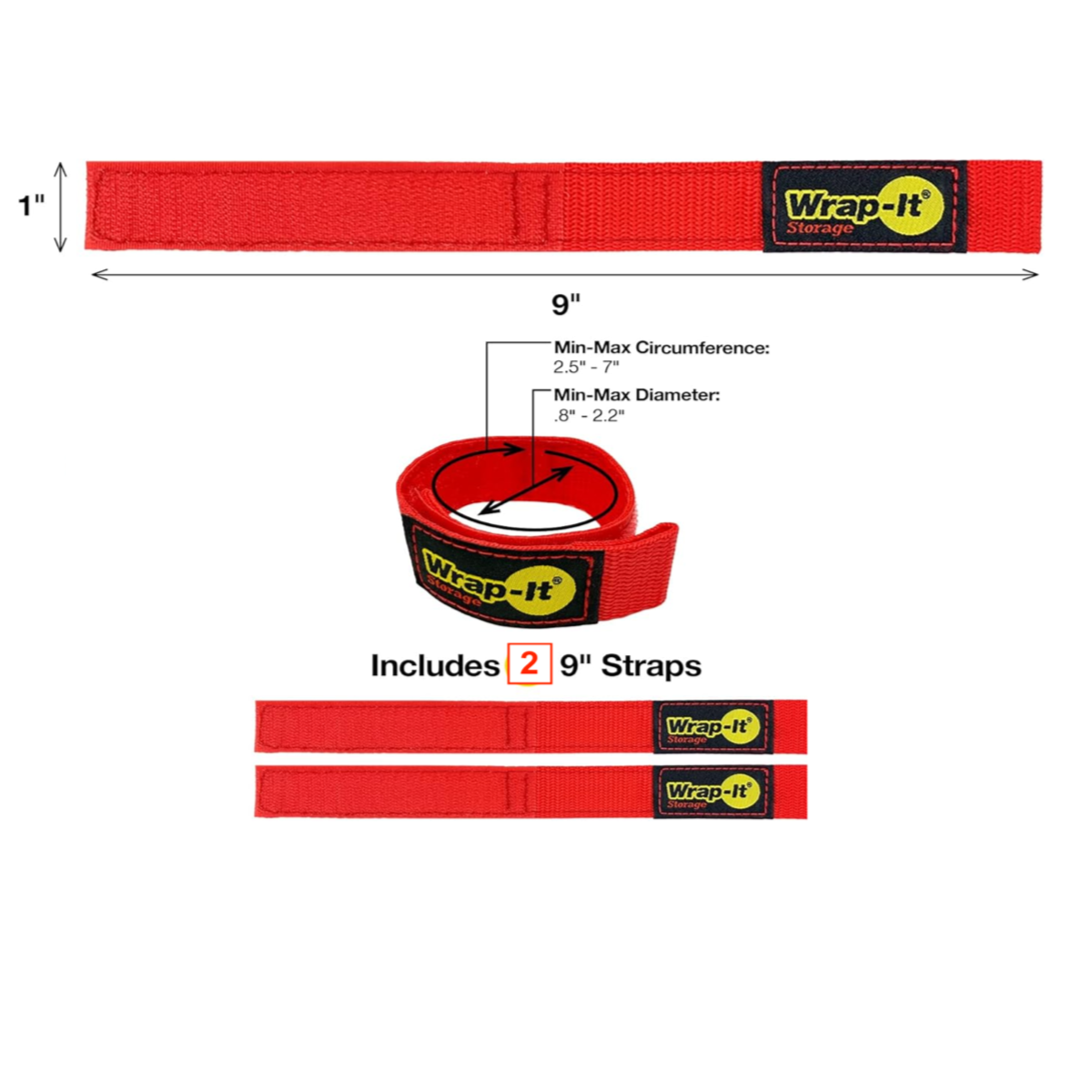 Storage Quick-Strap Cord Wraps, 9 inch (2 Pack) Red - Hook and Loop - $7.72