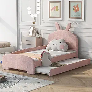 Twin Size Chenille Upholstered Platform Bed With Cartoon Ears Shaped Hea... - £298.35 GBP