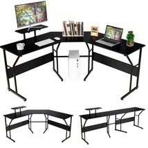 88.5&quot; L-shaped Reversible Computer Desk Monitor Stand 2 Person Long Table Black - £171.99 GBP