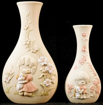 1960s UCTCI Japan Bisque Little Girl &amp; Puppy Dog Bud Vase Large &amp; Small 2 - £23.94 GBP