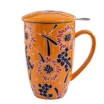 Orange Flowers Nature 15oz Porcelain Tea Mug With Lid &amp; Stainless Steel ... - $24.99