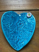 Frey Daze Designs Aqua Blue Glazed Flower Stamped Pottery Folded Heart Dish with - £6.75 GBP