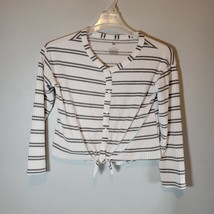 So Womens Shirt L 10/12 Cropped Button Down Tied Waist Short White Striped - $10.95