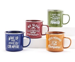 Enamel Camping Mugs Set of 4 with Sentiment 12 oz Size Happy Camper Multicolor