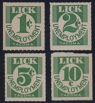 1930&#39;s &quot;LICK UNEMPLOYMENT Depression Scrip Cinderella Revenue 1,2,5,10c Set4 MNH - $19.99