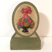 Antique 6&quot; Cast Iron Doorstop Oval Framed Flower Basket With Bow Shabby Chic  - £46.10 GBP