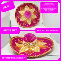 adults pink with gold decorations mexican charro sombrero MARIACHI HAT  - £78.55 GBP