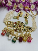 Bollywood Style Kundan Pearl Choker Necklace Earrings Indian Cheek Jewelry Set - £66.48 GBP