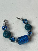 Aqua &amp; Teal Blue Fused Art Glass w Silvertone Spacer Beads Bracelet – slightly - £11.90 GBP