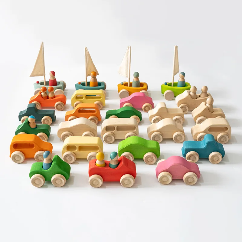 Basswood Rainbow Car Set with Peg Dolls Kids Small World Play Toys Stacking - £43.69 GBP+
