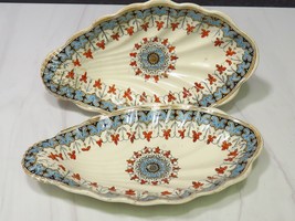 Pair of Antique Copeland Oval Shell Dishes Bowls Porcelain Turquoise Red  - $53.46