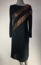 Visionz Womens Shift Dress Black Gold Stripe Midi Long Sleeve Vintage 1980&#39;s 5/6 - £40.08 GBP