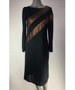 Visionz Womens Shift Dress Black Gold Stripe Midi Long Sleeve Vintage 19... - $69.35 CAD