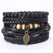 Faith black guitar leaf beads wristband leather bracelets set men bracelets women homme thumb200