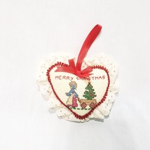 Merry Christmas Tree in Wagon Country Girl Heart Finished Cross Stitch 4&quot;Lace - $14.74