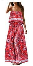 Summer Size L Dress Strapless Beach Maxi Long Boho Floral Red 100% Cotton - £15.82 GBP