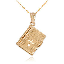 14k Solid Yellow Gold Holy Bible Book with &quot;Our Father Prayer&quot; Pendant Necklace - £436.98 GBP