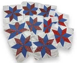 10 pc Lot Vtg Red Blue Calico 8pt Star Pinwheel Quilt Blocks Machined 11.5” Sq - £46.69 GBP