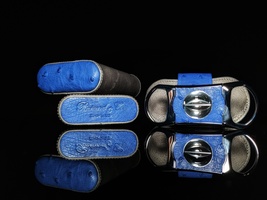 Brizard and Co. - Blue Ostrich and Grey Leather Cigar Case and V-Cutter image 5