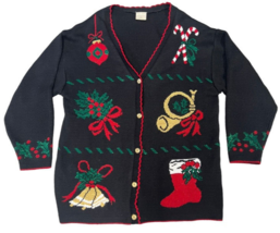 Vintage Style Studio Ugly Christmas Metallic Black Red Gold Cardigan Sweater 1X - $23.99