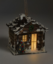 Christmas House Ornament Set of 2 Lights Up 4" High Snowy Log Cabin Hanging Rope image 2