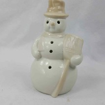 Ceramic Christmas Snowman tea candle holder 5&quot; tall white /w scarf &amp; broom AGFX3 - £7.43 GBP