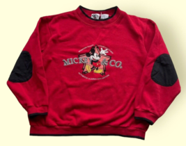 Vintage Mickey &amp; Co Sweatshirt Size XL Elbow Patches Red Black Stitched Crewneck - £34.88 GBP