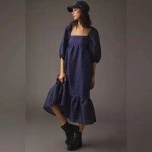 BY ANTHROPOLOGIE NAVY BLUE  TEXTURED PEASANT PUFF SLEEVE DRESS MEDIUM - $62.37