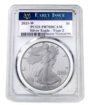 2021-W S$1 Silver American Eagle Proof Graded by PCGS as PR70DCAM Early Issue T2 - £124.63 GBP
