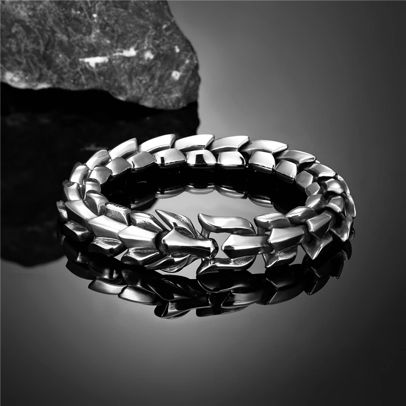 Ouroboros Dragon Head Bracelet Men Punk Stainless Steel Wristband Vikings Blessi - £32.07 GBP
