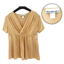 Denim 24/7 Women’s M Gold Metallic Ruched V-Neck Short Sleeve Blouse Top - $19.60