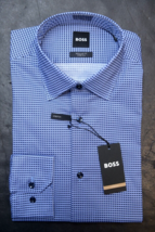 Hugo Boss Men&#39;s Joe Kent Regular Fit Blue Stretch Cotton Dress Shirt 39 15.5 - £61.70 GBP