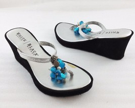 White House Black Market 6 Marlon Silver Blue Stones 2 1/4&quot; Wedge Heels ... - £23.52 GBP