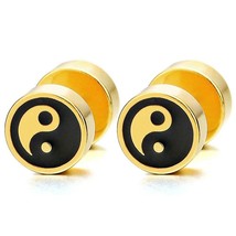 Gold Black Yin-yang Stud Earrings, Steel Illusion Tunnel Cheater Fake Ear Plugs - £27.38 GBP