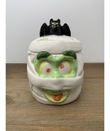 Vintage Halloween Mummy Cookie Jar Candy Dish with Lid Black Bat Ceramic... - $27.72