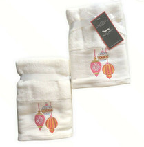 Christmas Ornaments Hand Towels Embroidered Embellished Holiday Set 2 Guestroom - £24.72 GBP