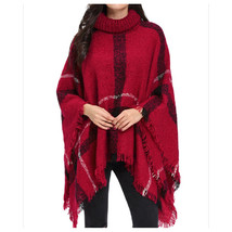 Women&#39;s Turtleneck Poncho BOHO Comfort Style Knit Wrap Tassels Red - £20.77 GBP
