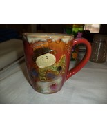 Primitive Snowman &amp; Christmas Tree Pottery  Mug Coffee Cup Brown Raised ... - $379.94 MXN