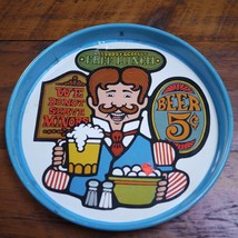 Vtg 70s Faux 1900s Bartender Cheinco Cartoon Beer Drink Steel Cocktail Tray - £19.51 GBP