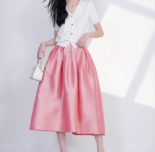 A-line PINK Pleated Midi Skirt Outfit Women High Waist Plus Size Taffeta Skirt  image 4