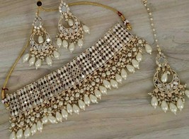 Bollywood Style Gold Plated Glass Kundan Choker Necklace Tikka Pearl Jewelry Set - £29.92 GBP