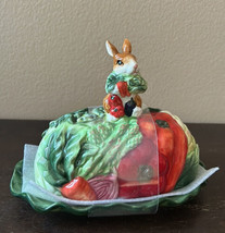 Corner Ruby Spring Bunny Cabbage Leaf Ceramic Butter Dish Plate W/COVER - New - £25.88 GBP