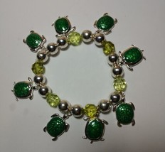 Turtle  Charm Bracelet Silver Beads Heavy Duty Stretch Cord Green &amp; Silver New - £27.69 GBP