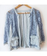 Chico&#39;s Women’s Chambray Lace Cut Out Blue Open Front Jacket Blazer Sz 1... - $31.45 CAD