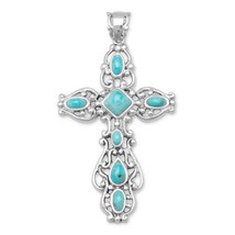  Sterling Silver Ornate Turquoise Cross Pendant - £44.59 GBP