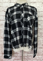 Hem &amp; Thread Womens Black Flannel Shirt Size L Button Front Frayed Hem Grunge - £22.93 GBP