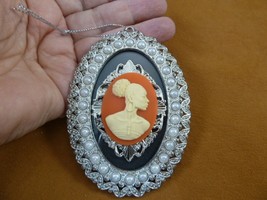 CA20-160 RARE African American LADY orange white CAMEO silver + pearl ornament - $37.39