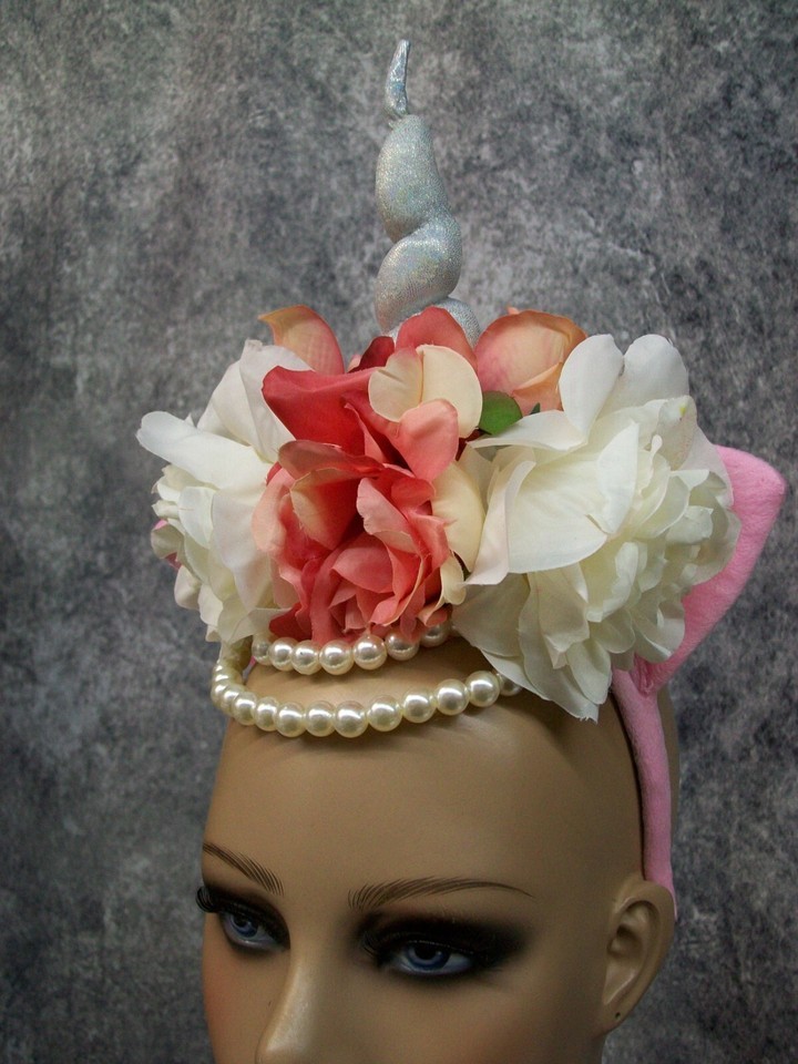 Fancy Unicorn Horn Flower Crown Headband w/ Ears Pearl Strands Fantasy Magical Item image 9