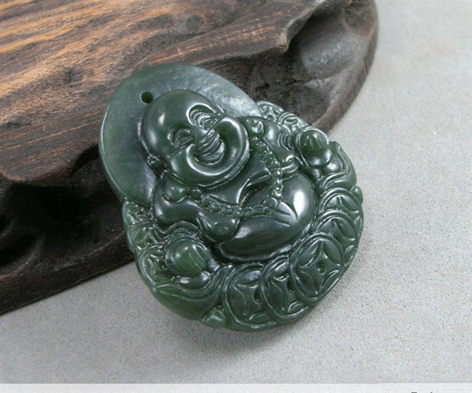 Primary image for Free Shipping - good luck Amulet Hand carved Natural dark Green jade Laughing Bu